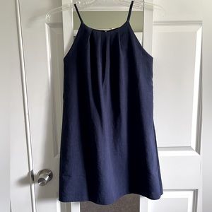 L - Navy Linen High Pleated Neck Mini / Sun Dress